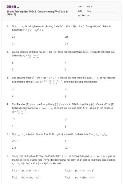 20 câu Trắc nghiệm Toán 9: Ôn tập chương IV có đáp án (Phần 2)