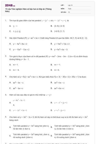 15 câu Trắc nghiệm Hàm số bậc hai có đáp án (Thông hiểu)