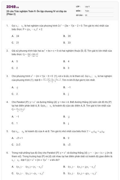 20 câu Trắc nghiệm Toán 9: Ôn tập chương IV có đáp án (Phần 2)