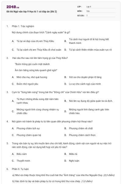 Đề thi Ngữ văn lớp 9 Học kì 1 có đáp án (Đề 2)