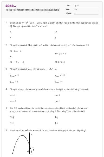 15 câu  Trắc nghiệm Hàm số bậc hai có đáp án (Vận dụng)
