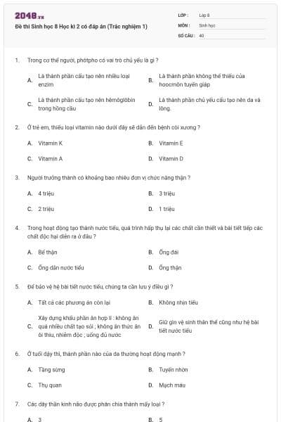 Đề thi Sinh học 8 Học kì 2 có đáp án (Trắc nghiệm 1)