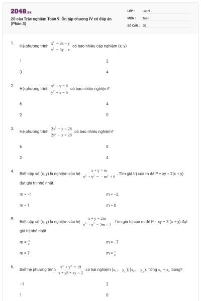 20 câu Trắc nghiệm Toán 9: Ôn tập chương IV có đáp án (Phần 3)