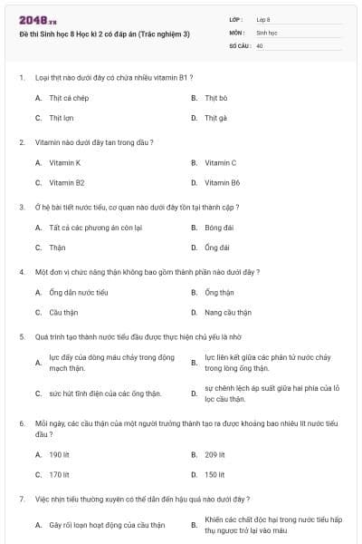 Đề thi Sinh học 8 Học kì 2 có đáp án (Trắc nghiệm 3)