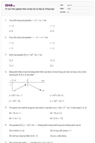 37 câu  Trắc nghiệm Hàm số bậc hai có đáp án (Tổng hợp)
