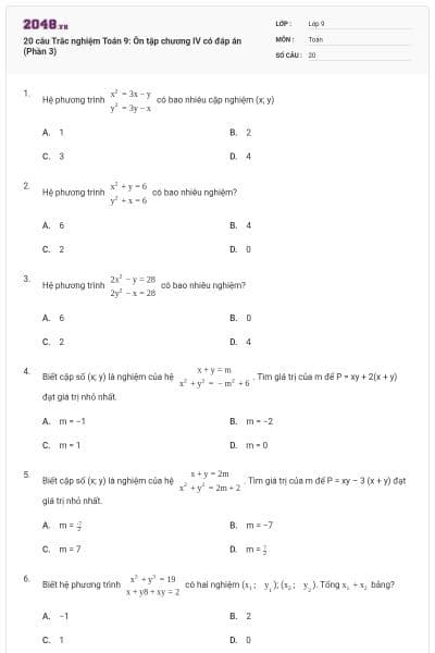 20 câu Trắc nghiệm Toán 9: Ôn tập chương IV có đáp án (Phần 3)