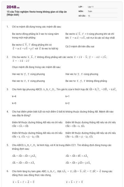 15 câu Trắc nghiệm Vectơ trong không gian có đáp án (Nhận biết)