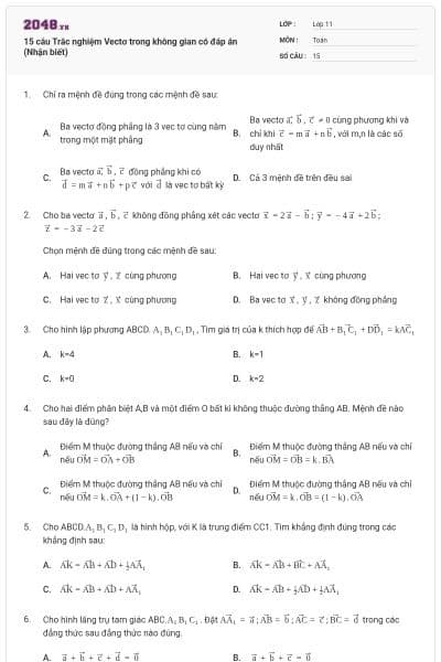 15 câu Trắc nghiệm Vectơ trong không gian có đáp án (Nhận biết)