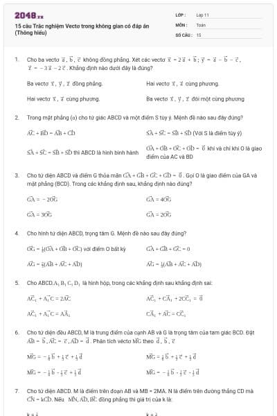 15 câu Trắc nghiệm Vectơ trong không gian có đáp án (Thông hiểu)