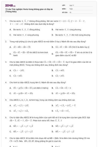 15 câu Trắc nghiệm Vectơ trong không gian có đáp án (Thông hiểu)