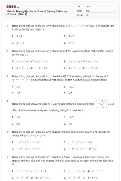 124 câu Trắc nghiệm Ôn tập Toán 12 Chương 3 Hình học có đáp án (Phần 1)