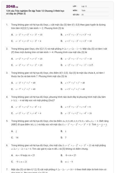 124 câu Trắc nghiệm Ôn tập Toán 12 Chương 3 Hình học có đáp án (Phần 3)
