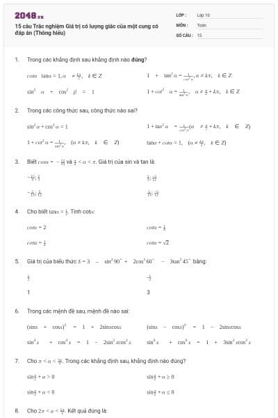 15 câu Trắc nghiệm Giá trị có lượng giác của một cung có đáp án (Thông hiểu)