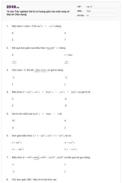 10 câu Trắc nghiệm Giá trị có lượng giác của một cung có đáp án (Vận dụng)