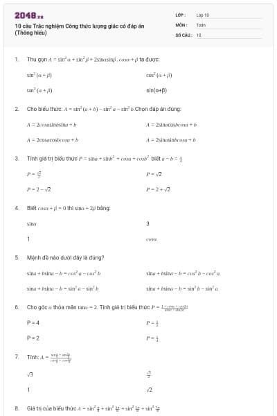 10 câu  Trắc nghiệm Công thức lượng giác có đáp án (Thông hiểu)