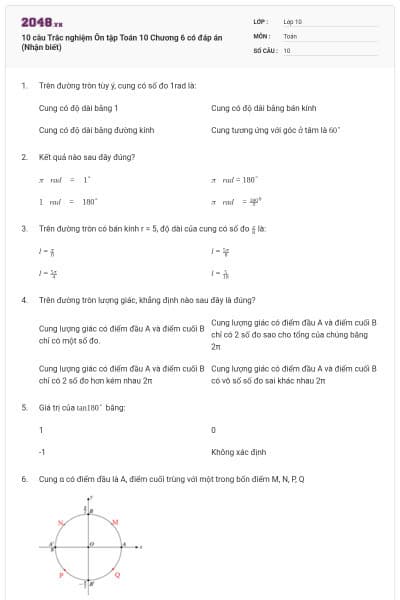 10 câu Trắc nghiệm Ôn tập Toán 10 Chương 6 có đáp án (Nhận biết)