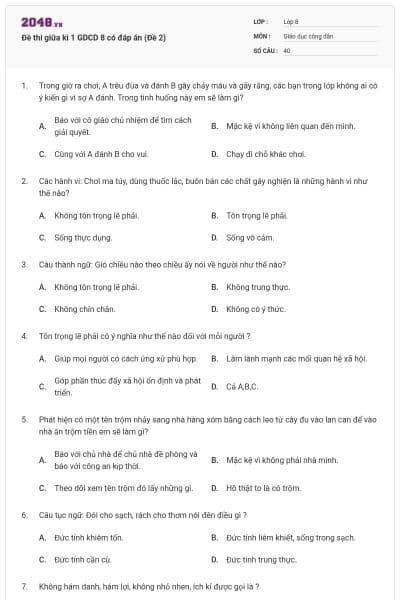 Đề thi giữa kì 1 GDCD 8 có đáp án (Đề 2)