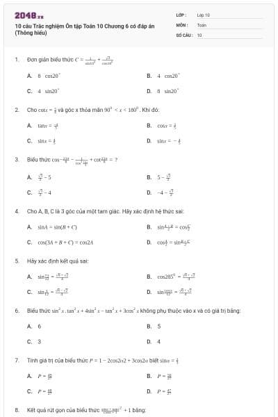 10 câu Trắc nghiệm Ôn tập Toán 10 Chương 6 có đáp án (Thông hiểu)