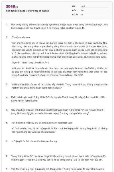 Các dạng đề: Lặng lẽ Sa Pa hay có đáp án