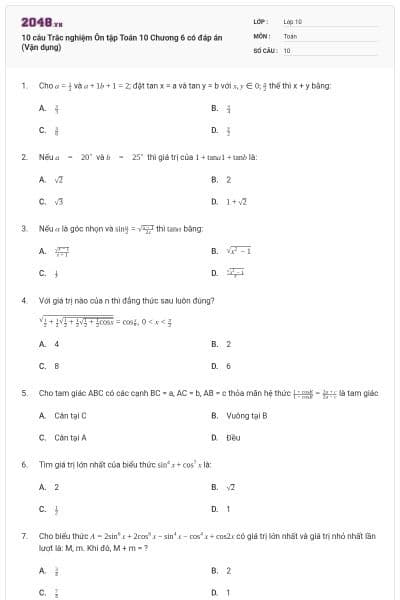 10 câu Trắc nghiệm Ôn tập Toán 10 Chương 6 có đáp án (Vận dụng)