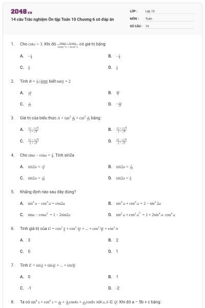 14 câu Trắc nghiệm Ôn tập Toán 10 Chương 6 có đáp án