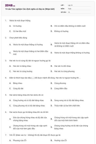 14 câu Trắc nghiệm Các định nghĩa có đáp án (Nhận biết)