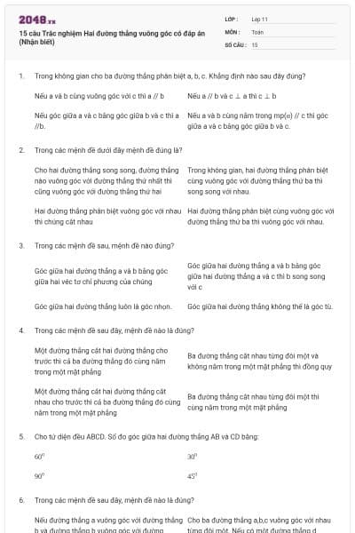15 câu Trắc nghiệm Hai đường thẳng vuông góc có đáp án (Nhận biết)