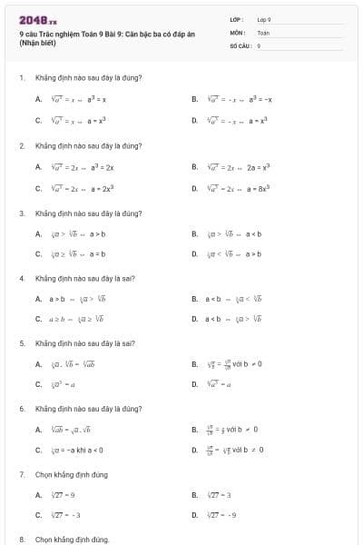 9 câu Trắc nghiệm Toán 9 Bài 9: Căn bậc ba có đáp án (Nhận biết)