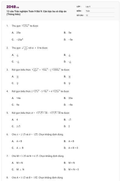 12 câu Trắc nghiệm Toán 9 Bài 9: Căn bậc ba có đáp án (Thông hiểu)
