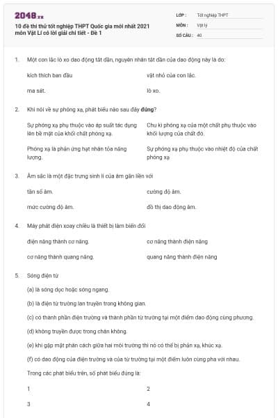 10 đề thi thử tốt nghiệp THPT Quốc gia mới nhất 2021 môn Vật Lí có lời giải chi tiết - Đề 1