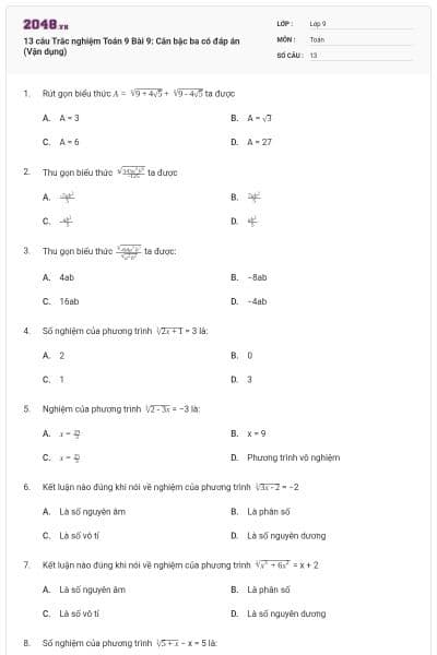13 câu Trắc nghiệm Toán 9 Bài 9: Căn bậc ba có đáp án (Vận dụng)
