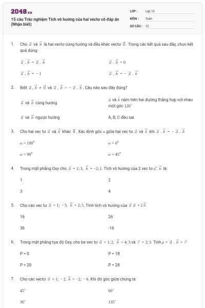 15 câu Trắc nghiệm Tích vô hướng của hai vectơ có đáp án (Nhận biết)