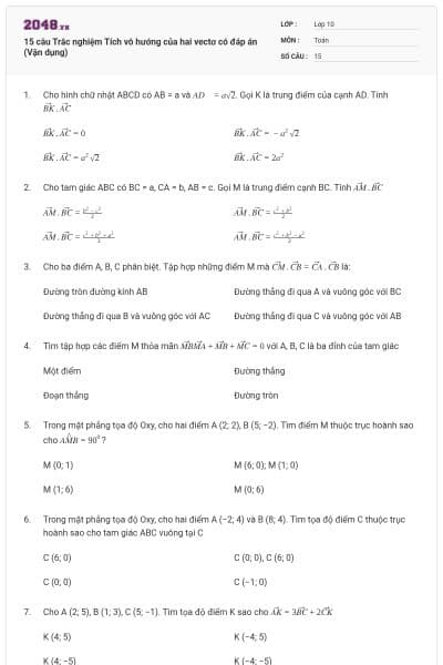 15 câu Trắc nghiệm Tích vô hướng của hai vectơ có đáp án (Vận dụng)