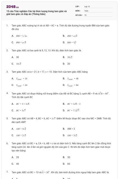 15 câu Trắc nghiệm Các hệ thức lượng trong tam giác và giải tam giác có đáp án (Thông hiểu)