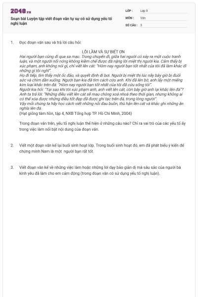 Soạn bài Luyện tập viết đoạn văn tự sự có sử dụng yếu tố nghị luận