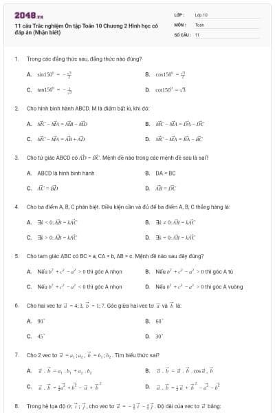 11 câu Trắc nghiệm Ôn tập Toán 10 Chương 2 Hình học có đáp án (Nhận biết)