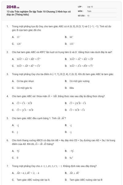 13 câu Trắc nghiệm Ôn tập Toán 10 Chương 2 Hình học có đáp án (Thông hiểu)