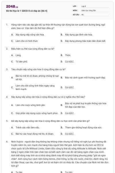 Đề thi Học kì 1 GDCD 8 có đáp án (Đề 4)