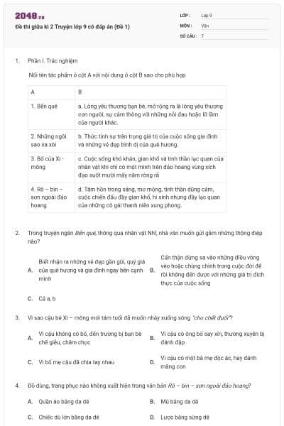 Đề thi giữa kì 2 Truyện lớp 9 có đáp án (Đề 1)