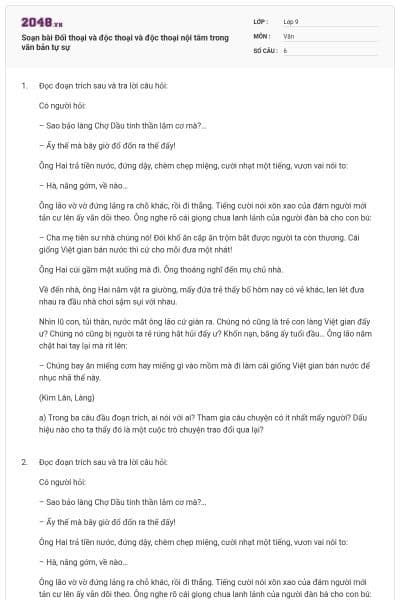 Soạn bài Đối thoại và độc thoại và độc thoại nội tâm trong văn bản tự sự