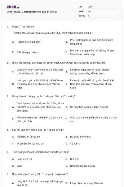 Đề thi giữa kì 2 Truyện lớp 9 có đáp án (Đề 2)