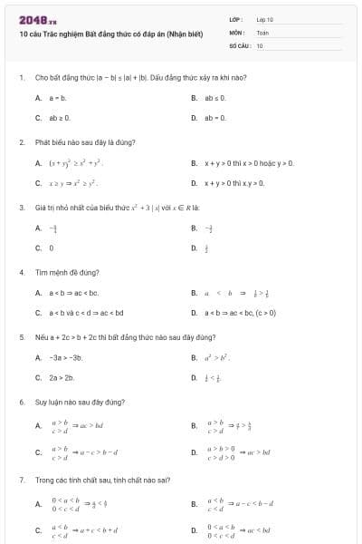 10 câu Trắc nghiệm Bất đẳng thức có đáp án (Nhận biết)
