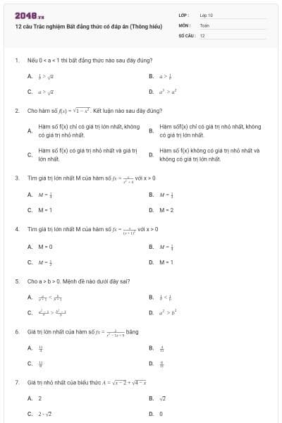 12 câu Trắc nghiệm Bất đẳng thức có đáp án (Thông hiểu)