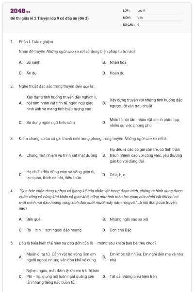 Đề thi giữa kì 2 Truyện lớp 9 có đáp án (Đề 3)