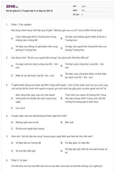 Đề thi giữa kì 2 Truyện lớp 9 có đáp án (Đề 4)