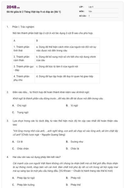 Đề thi giữa kì 2 Tiếng Việt lớp 9 có đáp án (Đề 1)