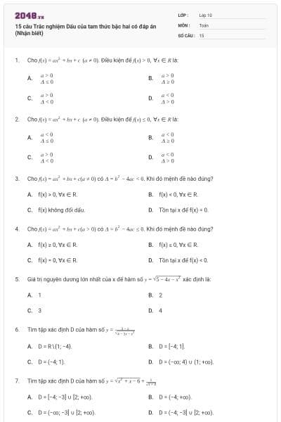 15 câu Trắc nghiệm Dấu của tam thức bậc hai có đáp án (Nhận biết)