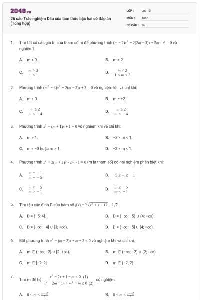 26 câu Trắc nghiệm Dấu của tam thức bậc hai có đáp án (Tổng hợp)