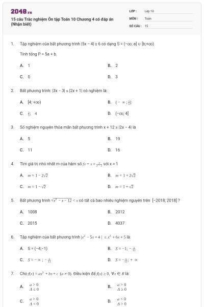15 câu Trắc nghiệm Ôn tập Toán 10 Chương 4 có đáp án (Nhận biết)