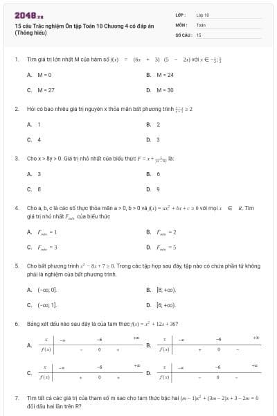 15 câu Trắc nghiệm Ôn tập Toán 10 Chương 4 có đáp án (Thông hiểu)